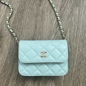 Chanel Micro Crossbody Bag Light Blue Lambskin Coco Bow Clutch Gold Hardware